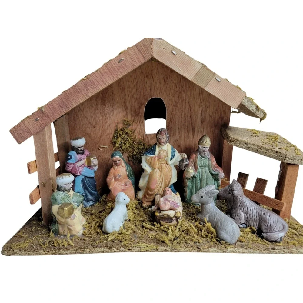 Vintage Nativity Scene Barn Christmas Animals 3 Kings